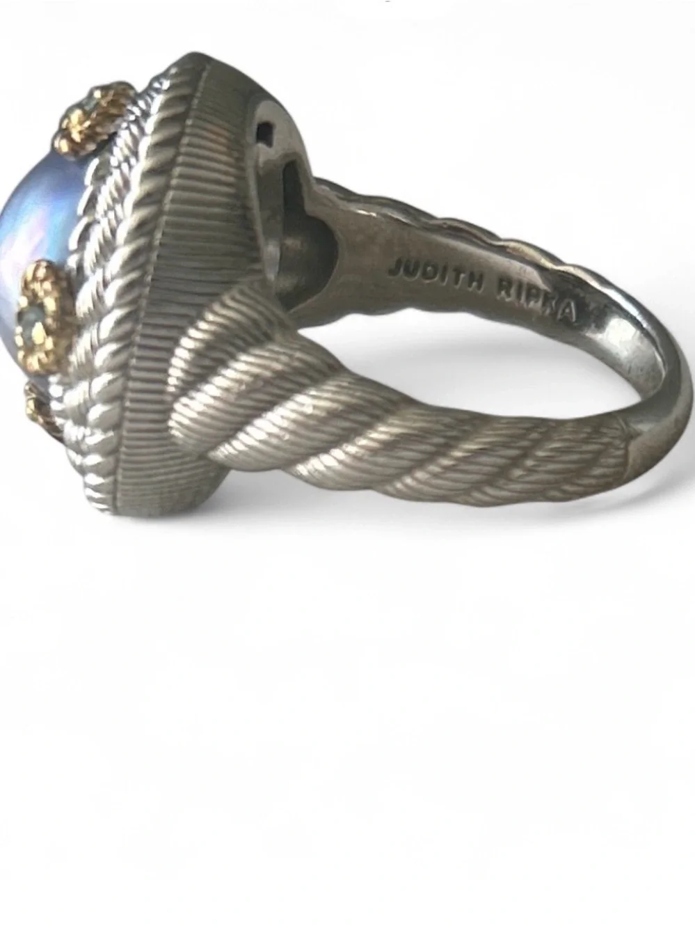 Judith Ripka Sterling Silver 18K Gold Gray Pearl Aquamarine Ring